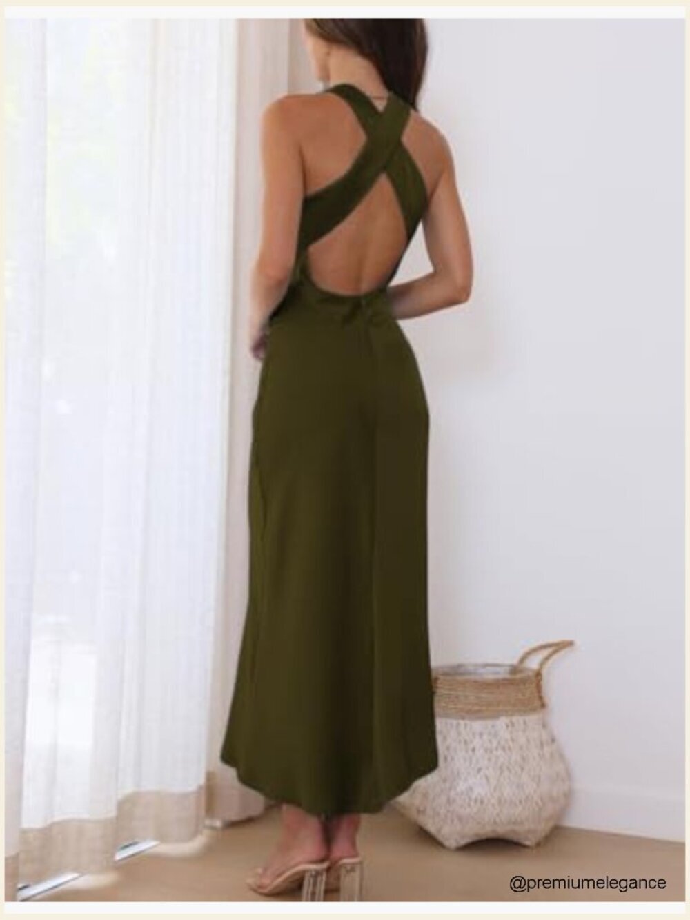 Elegant Satin Mock Neck Backless Midi Dress - Picture 2 of 7